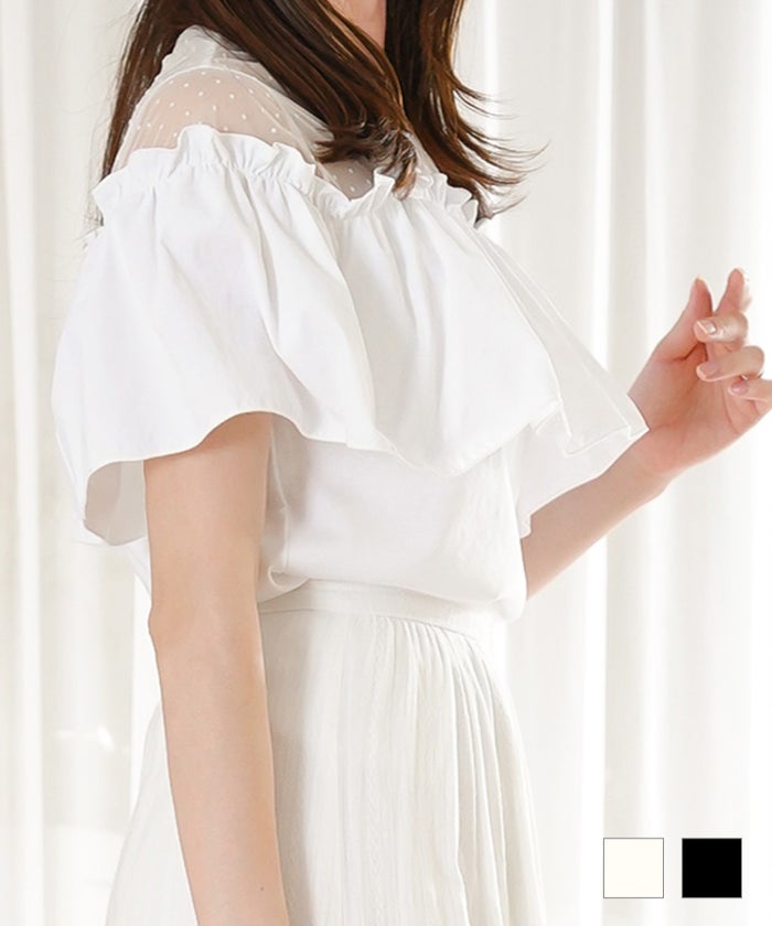 トップス レディース 半袖 夏 大人 かわいい きれいめ チュールレース ラッフルフリル 白黒 上品 ジョイントスペース シアードットコンビ フリル カットソー Prima Scherrer