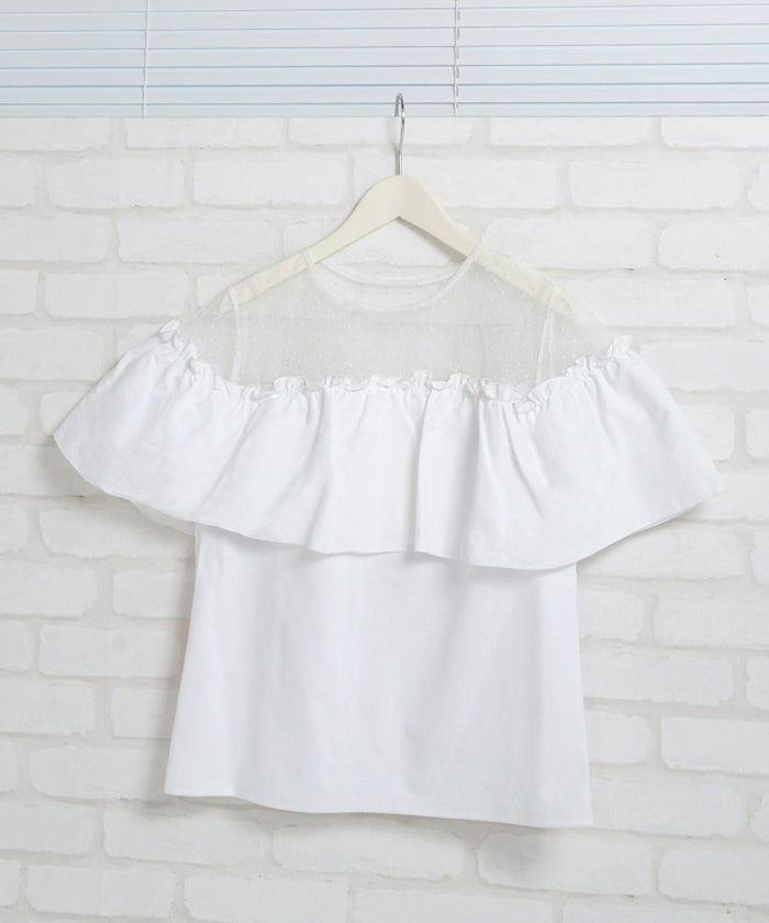 トップス レディース 半袖 夏 大人 かわいい きれいめ チュールレース ラッフルフリル 白黒 上品 ジョイントスペース