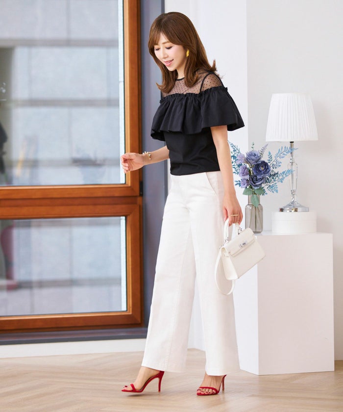 トップス レディース 半袖 夏 大人 かわいい きれいめ チュールレース ラッフルフリル 白黒 上品 ジョイントスペース