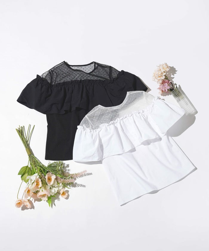 トップス レディース 半袖 夏 大人 かわいい きれいめ チュールレース ラッフルフリル 白黒 上品 ジョイントスペース