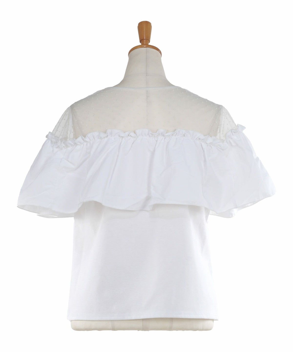 トップス レディース 半袖 夏 大人 かわいい きれいめ チュールレース ラッフルフリル 白黒 上品 ジョイントスペース