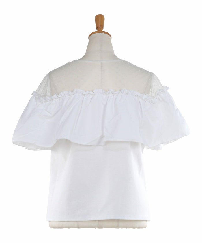 トップス レディース 半袖 夏 大人 かわいい きれいめ チュールレース ラッフルフリル 白黒 上品 ジョイントスペース