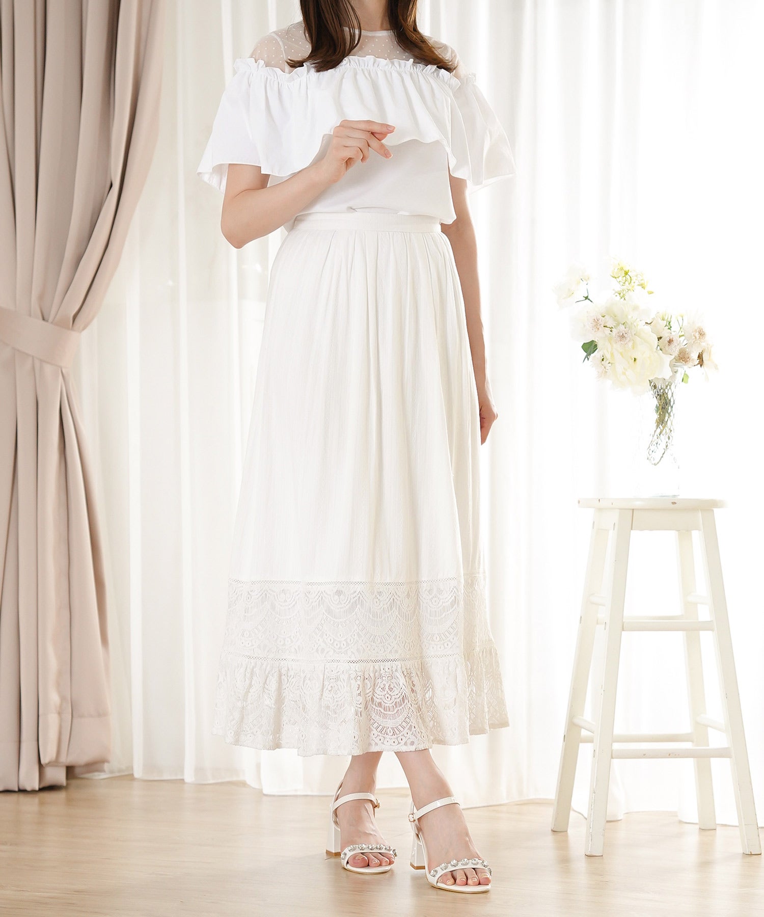Cen. トップス　カットソー　フリル　ホワイト　白　人気　完売 SUMMER-SALE シアードットコンビ フリル カットソー Prima Scherrer 全