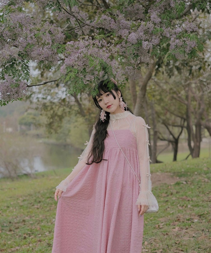 キャミワンピース ロングワンピース スカーフ ピンク/ブルーグリーン/M