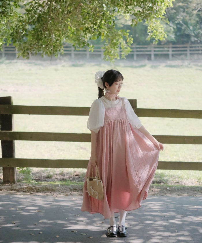 キャミワンピース ロングワンピース スカーフ ピンク/ブルーグリーン/M