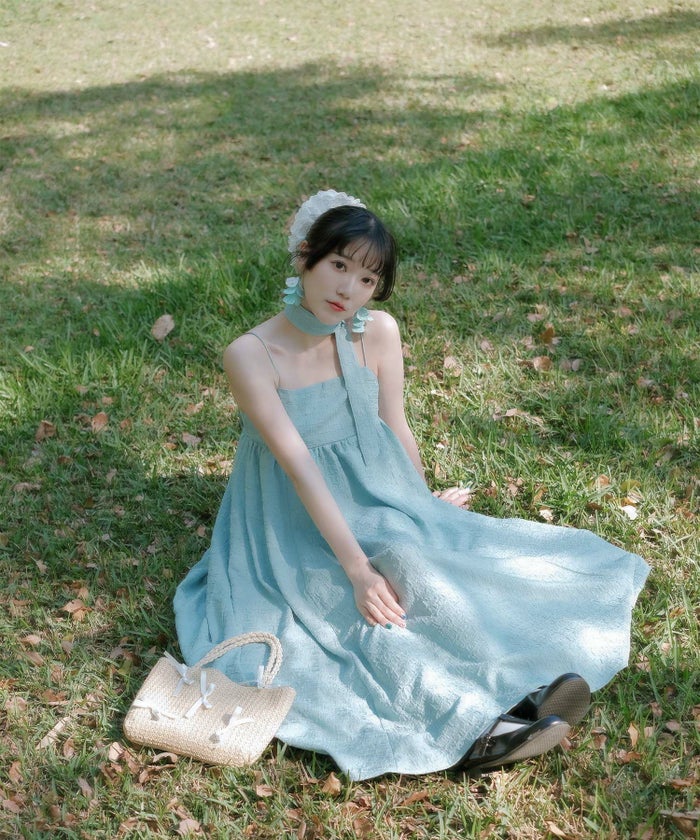 キャミワンピース ロングワンピース スカーフ ピンク/ブルーグリーン/M