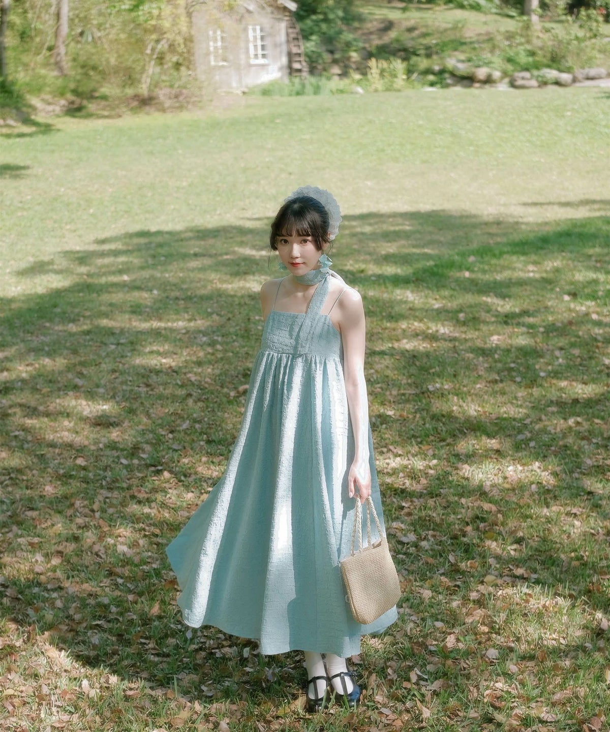 キャミワンピース ロングワンピース スカーフ ピンク/ブルーグリーン/M