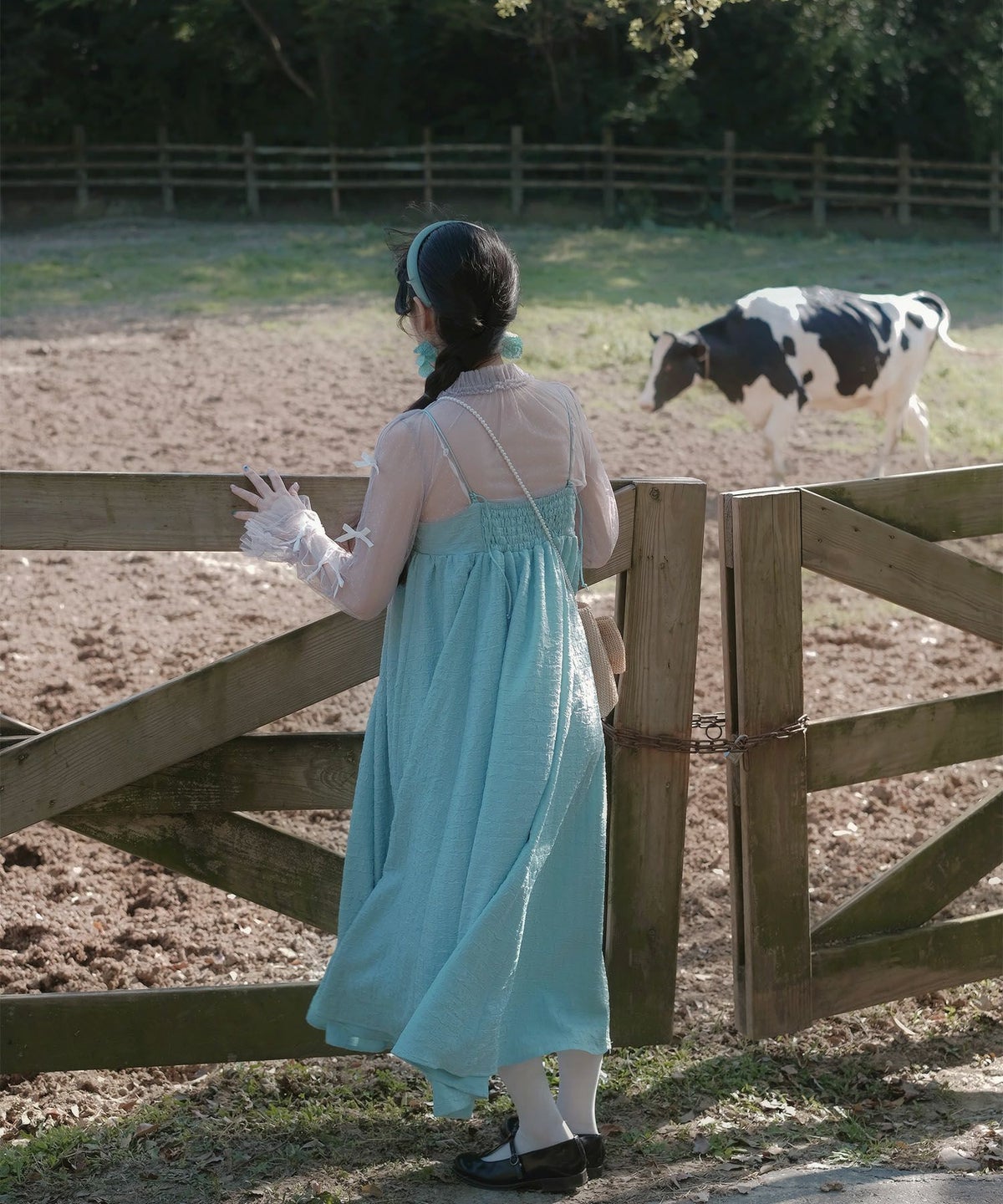 キャミワンピース ロングワンピース スカーフ ピンク/ブルーグリーン/M