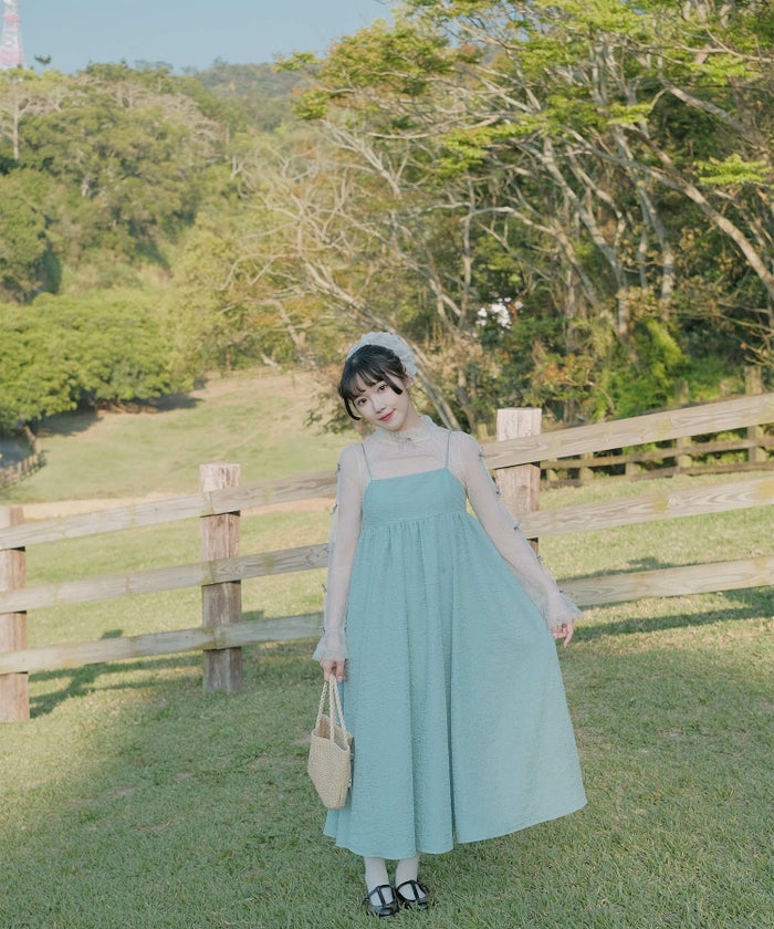 キャミワンピース ロングワンピース スカーフ ピンク/ブルーグリーン/M