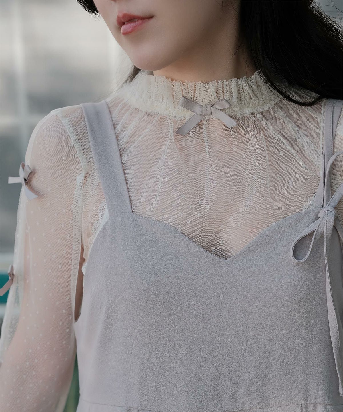 リボン チュール ハイネック 春 夏 アイボリー×ピンク/ネイビー×ネイビー/アイボリーｘグレー/ アイボリーｘアイボリー/グレーｘホワイト/M