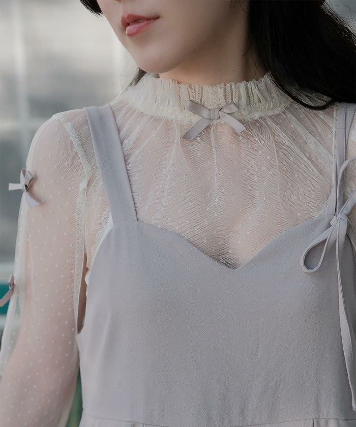 リボン チュール ハイネック 春 夏 アイボリー×ピンク/ネイビー×ネイビー/アイボリーｘグレー/ アイボリーｘアイボリー/グレーｘホワイト/M