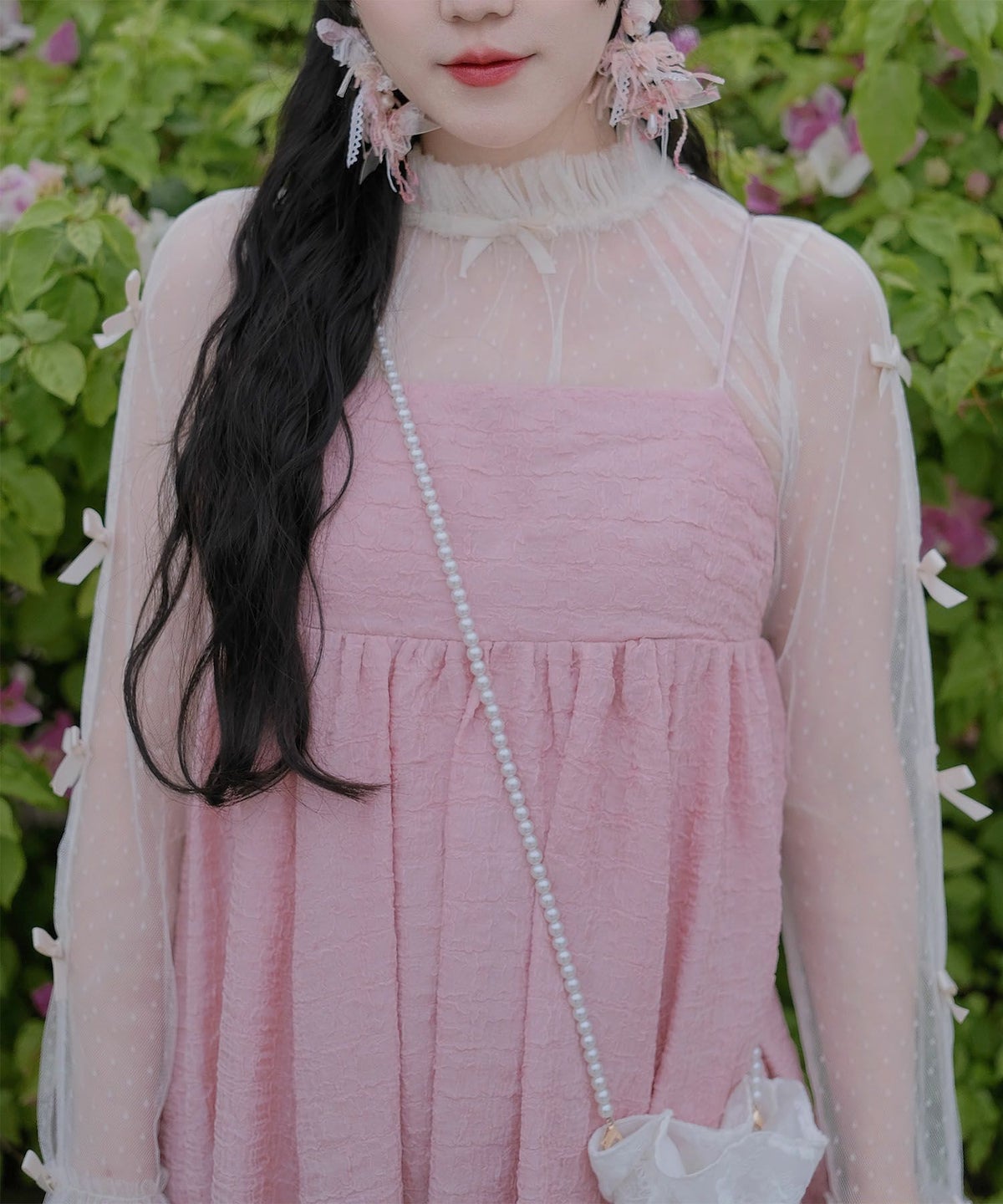 リボン チュール ハイネック 春 夏 アイボリー×ピンク/ネイビー×ネイビー/アイボリーｘグレー/ アイボリーｘアイボリー/グレーｘホワイト/M