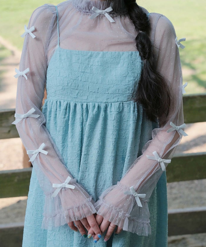 リボン チュール ハイネック 春 夏 アイボリー×ピンク/ネイビー×ネイビー/アイボリーｘグレー/ アイボリーｘアイボリー/グレーｘホワイト/M