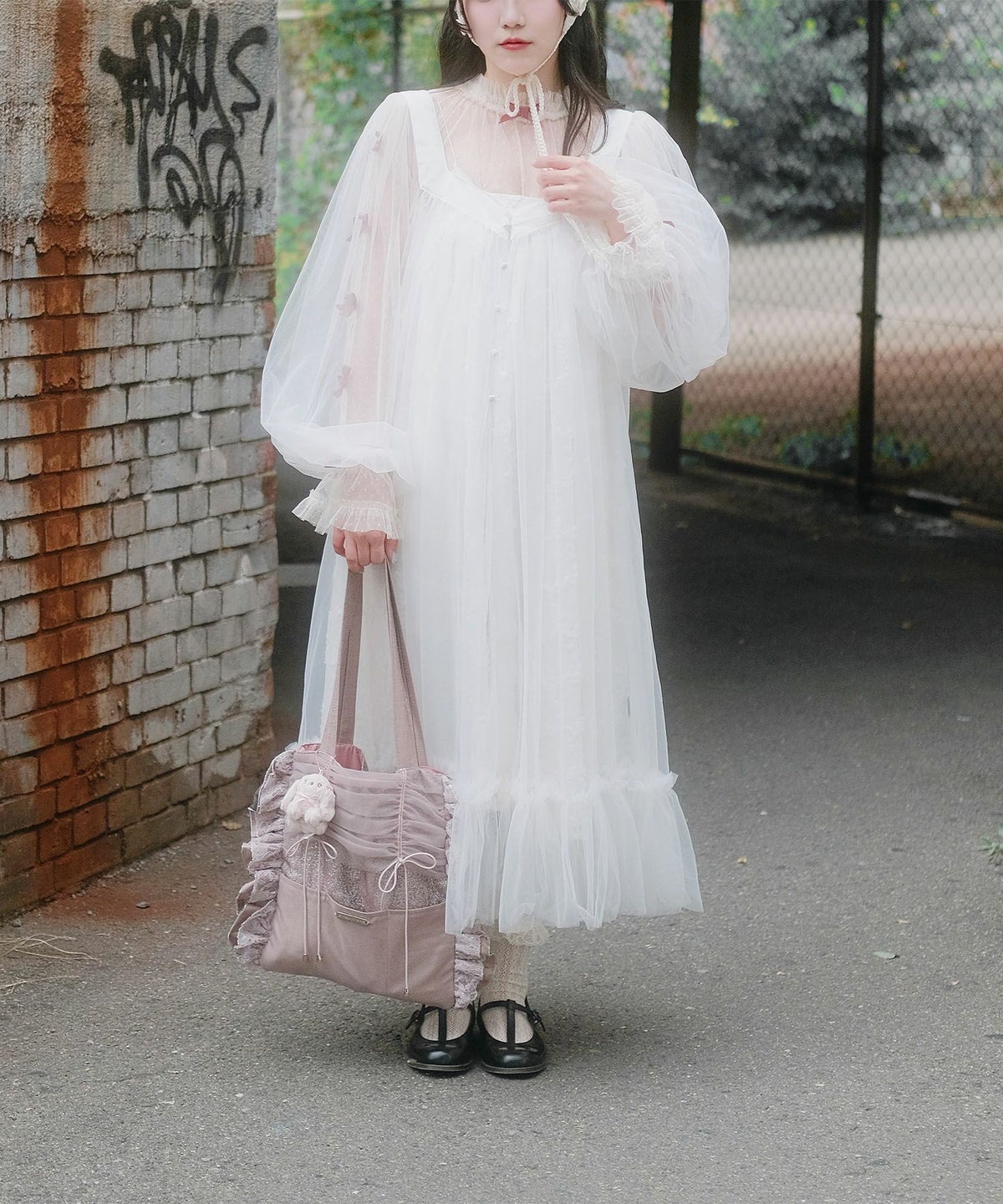 リボン チュール ハイネック 春 夏 アイボリー×ピンク/ネイビー×ネイビー/アイボリーｘグレー/ アイボリーｘアイボリー/グレーｘホワイト/M