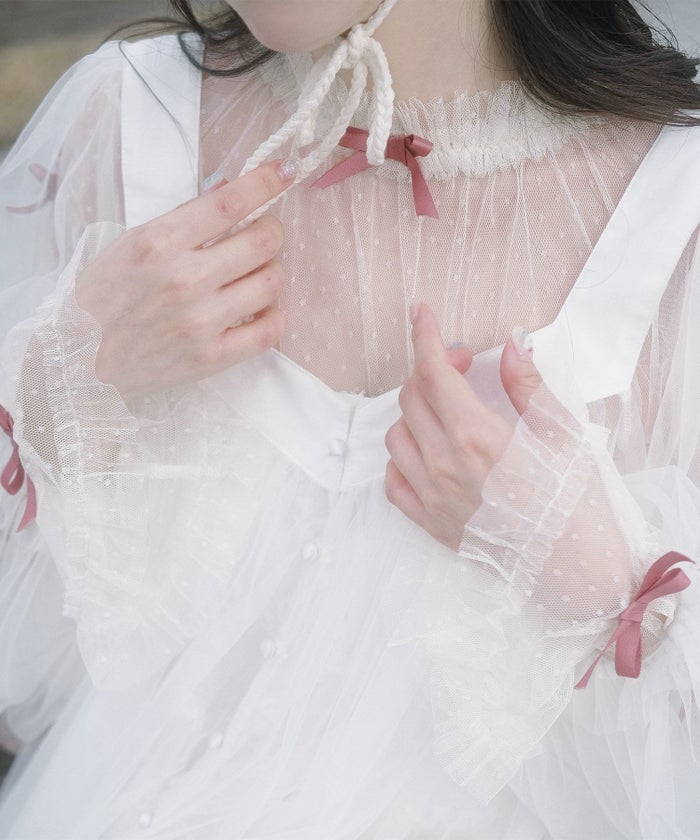 リボン チュール ハイネック 春 夏 アイボリー×ピンク/ネイビー×ネイビー/アイボリーｘグレー/ アイボリーｘアイボリー/グレーｘホワイト/M