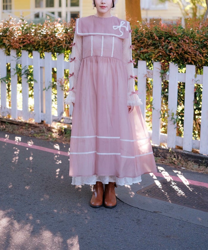 リボン チュール ハイネック 春 夏 アイボリー×ピンク/ネイビー×ネイビー/アイボリーｘグレー/ アイボリーｘアイボリー/グレーｘホワイト/M