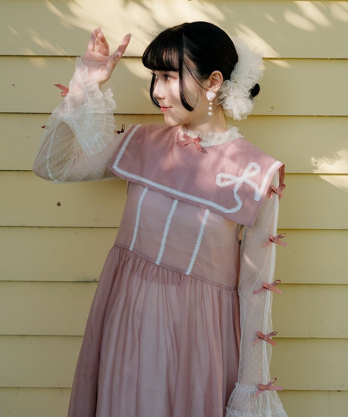 リボン チュール ハイネック 春 夏 アイボリー×ピンク/ネイビー×ネイビー/アイボリーｘグレー/ アイボリーｘアイボリー/グレーｘホワイト/M