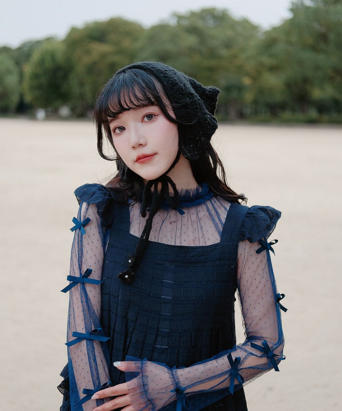 リボン チュール ハイネック 春 夏 アイボリー×ピンク/ネイビー×ネイビー/アイボリーｘグレー/ アイボリーｘアイボリー/グレーｘホワイト/M