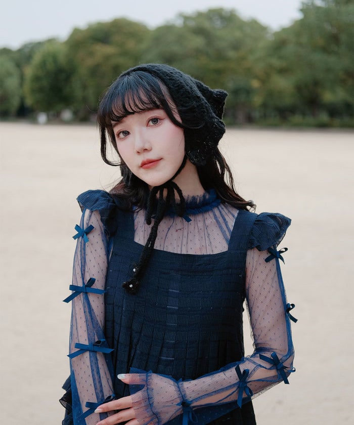 リボン チュール ハイネック 春 夏 アイボリー×ピンク/ネイビー×ネイビー/アイボリーｘグレー/ アイボリーｘアイボリー/グレーｘホワイト/M