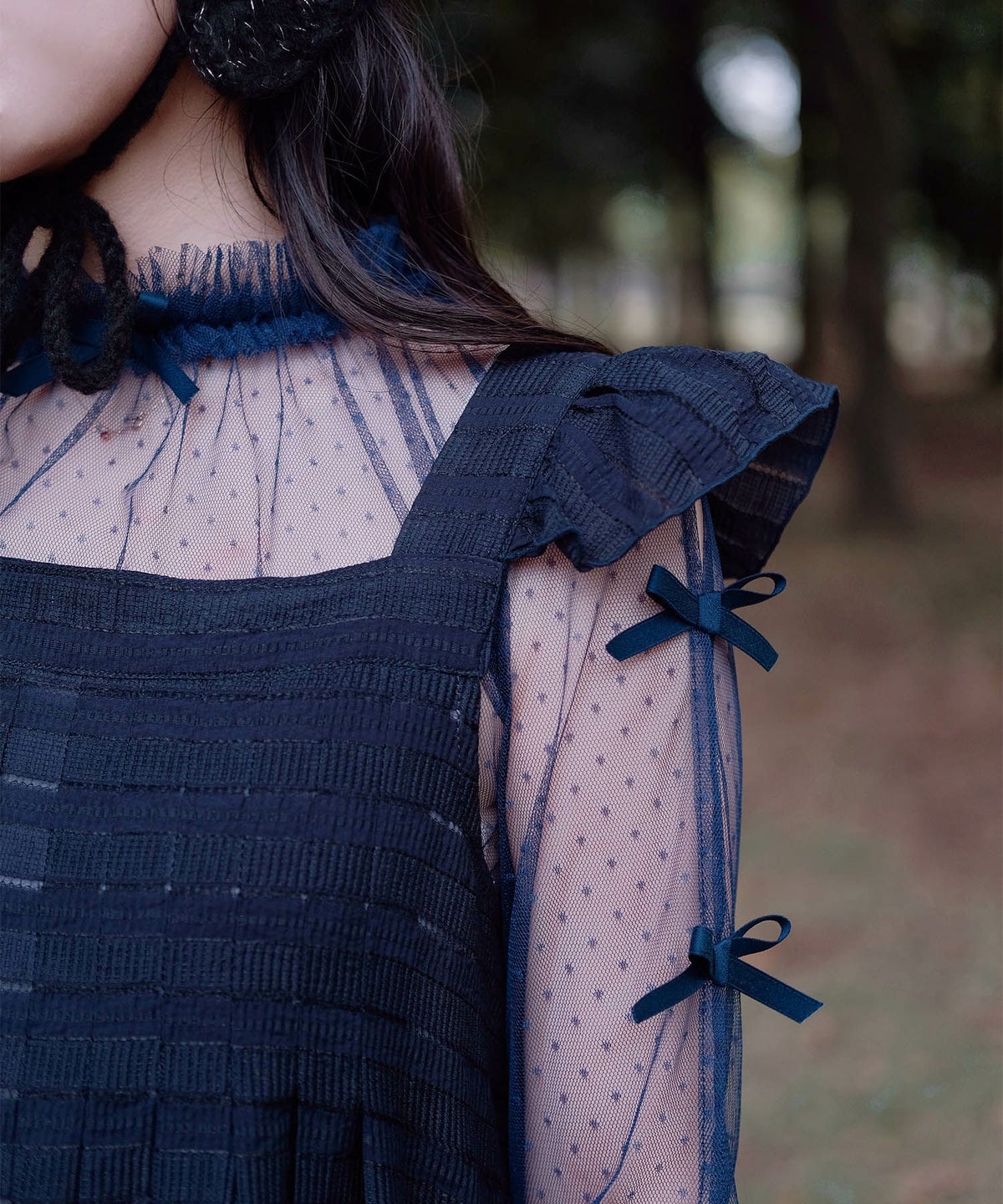 リボン チュール ハイネック 春 夏 アイボリー×ピンク/ネイビー×ネイビー/アイボリーｘグレー/ アイボリーｘアイボリー/グレーｘホワイト/M