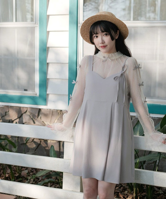 リボン チュール ハイネック 春 夏 アイボリー×ピンク/ネイビー×ネイビー/アイボリーｘグレー/ アイボリーｘアイボリー/グレーｘホワイト/M