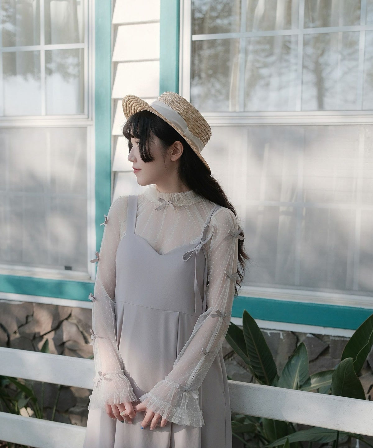 リボン チュール ハイネック 春 夏 アイボリー×ピンク/ネイビー×ネイビー/アイボリーｘグレー/ アイボリーｘアイボリー/グレーｘホワイト/M