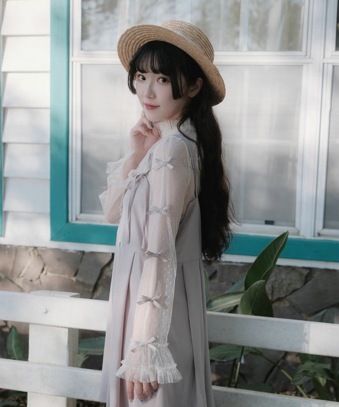 リボン チュール ハイネック 春 夏 アイボリー×ピンク/ネイビー×ネイビー/アイボリーｘグレー/ アイボリーｘアイボリー/グレーｘホワイト/M