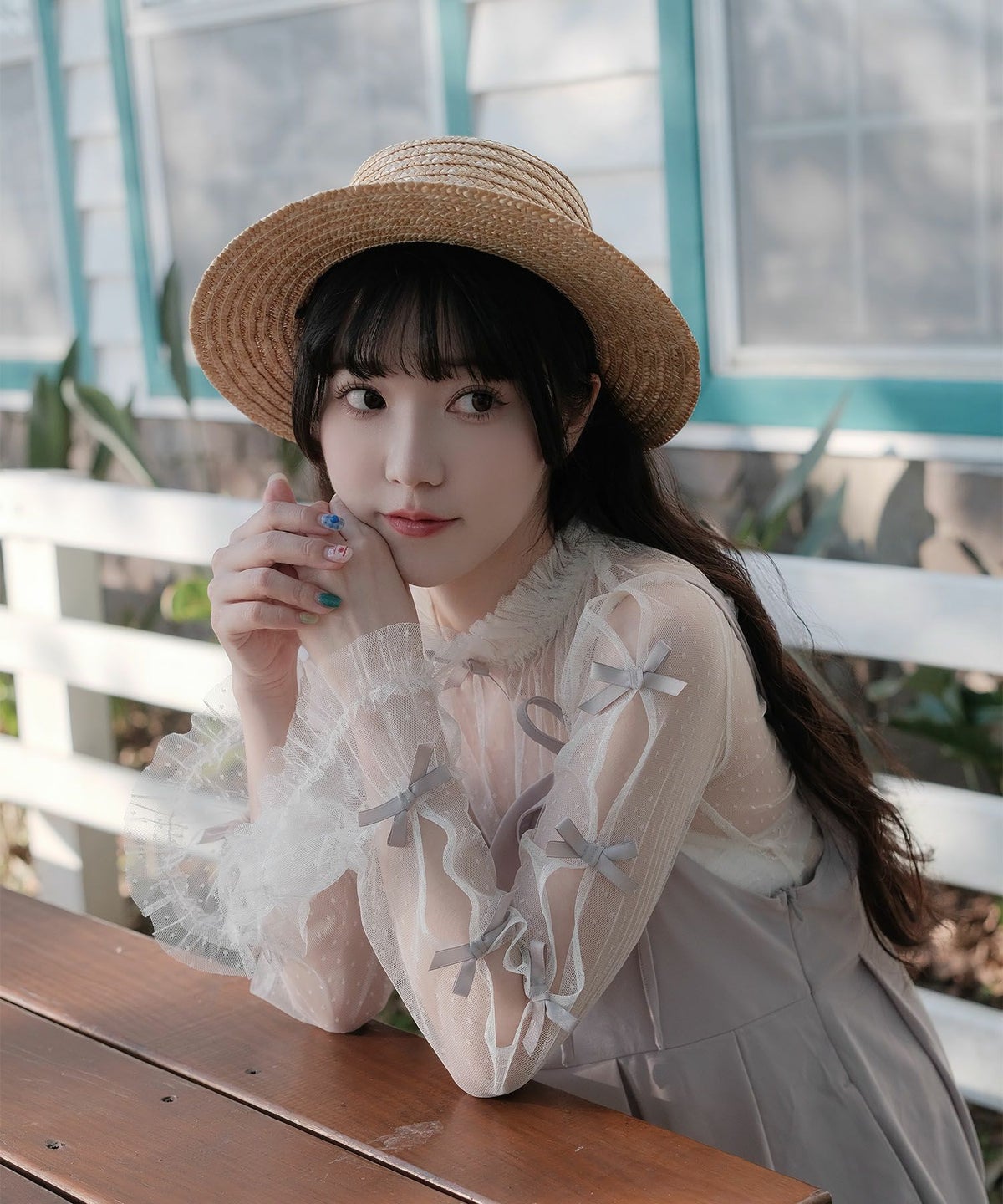 リボン チュール ハイネック 春 夏 アイボリー×ピンク/ネイビー×ネイビー/アイボリーｘグレー/ アイボリーｘアイボリー/グレーｘホワイト/M