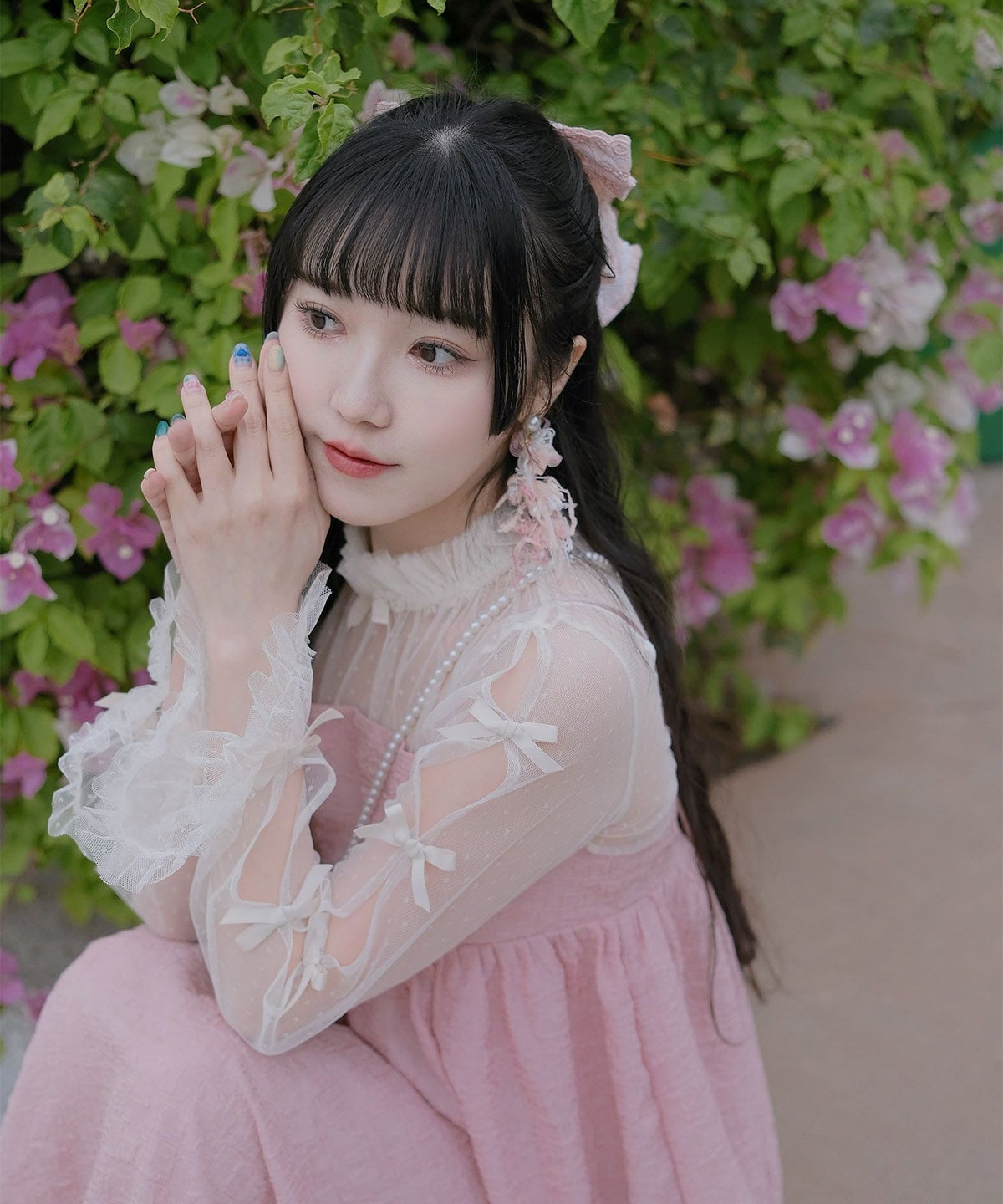 リボン チュール ハイネック 春 夏 アイボリー×ピンク/ネイビー×ネイビー/アイボリーｘグレー/ アイボリーｘアイボリー/グレーｘホワイト/M