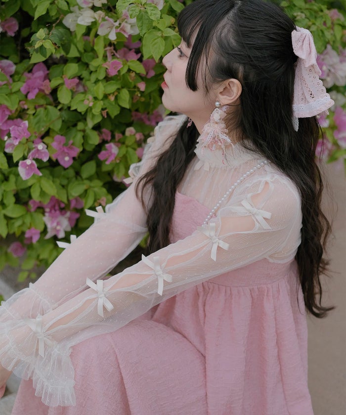 リボン チュール ハイネック 春 夏 アイボリー×ピンク/ネイビー×ネイビー/アイボリーｘグレー/ アイボリーｘアイボリー/グレーｘホワイト/M