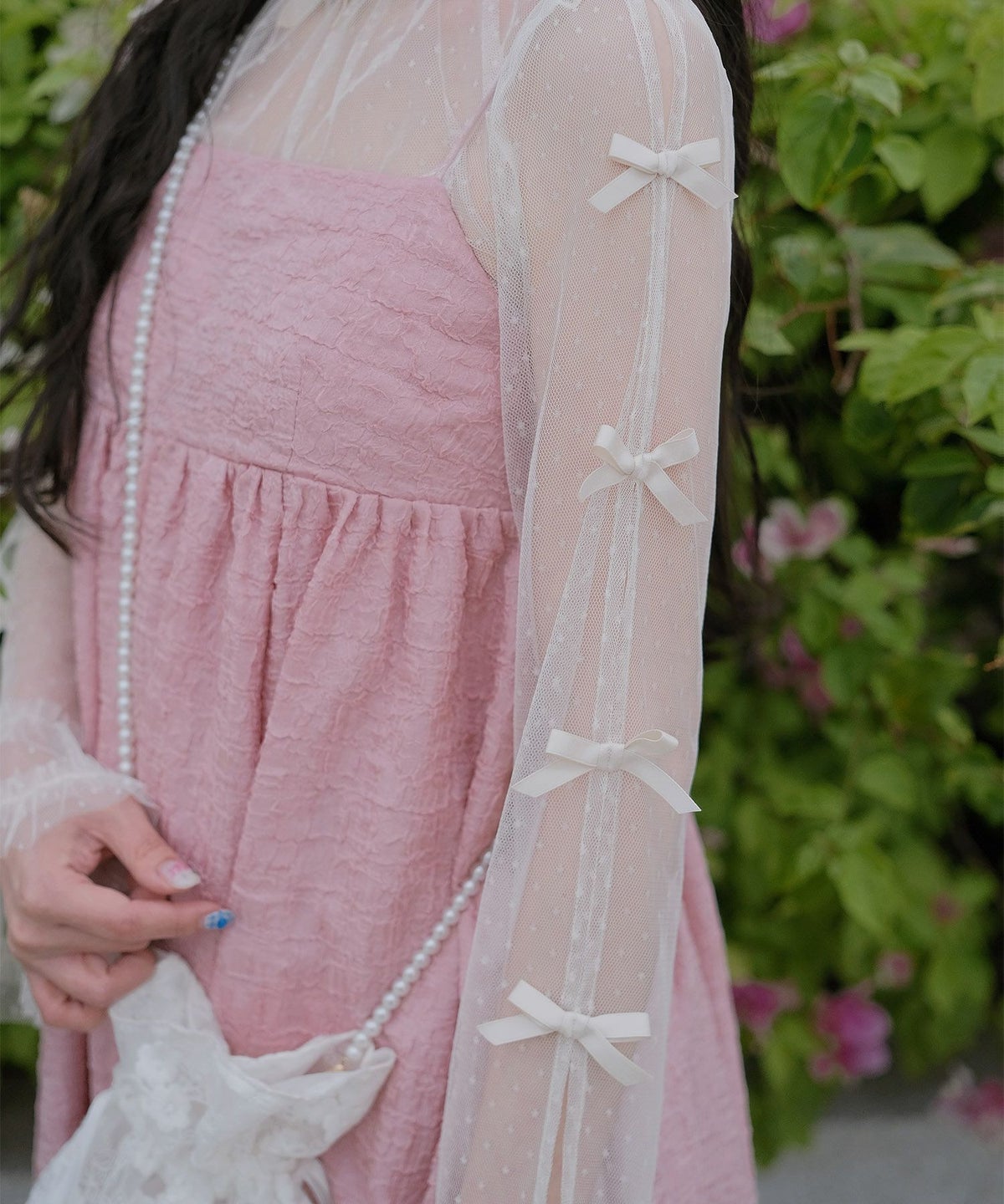 リボン チュール ハイネック 春 夏 アイボリー×ピンク/ネイビー×ネイビー/アイボリーｘグレー/ アイボリーｘアイボリー/グレーｘホワイト/M