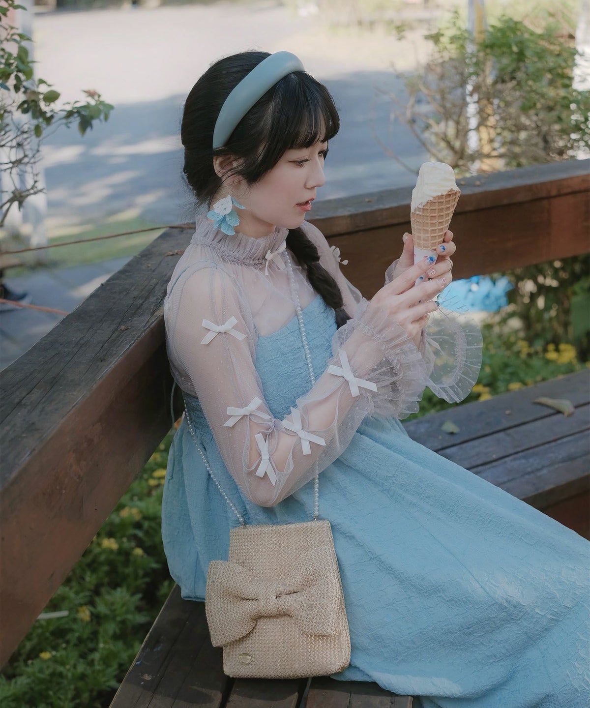 リボン チュール ハイネック 春 夏 アイボリー×ピンク/ネイビー×ネイビー/アイボリーｘグレー/ アイボリーｘアイボリー/グレーｘホワイト/M