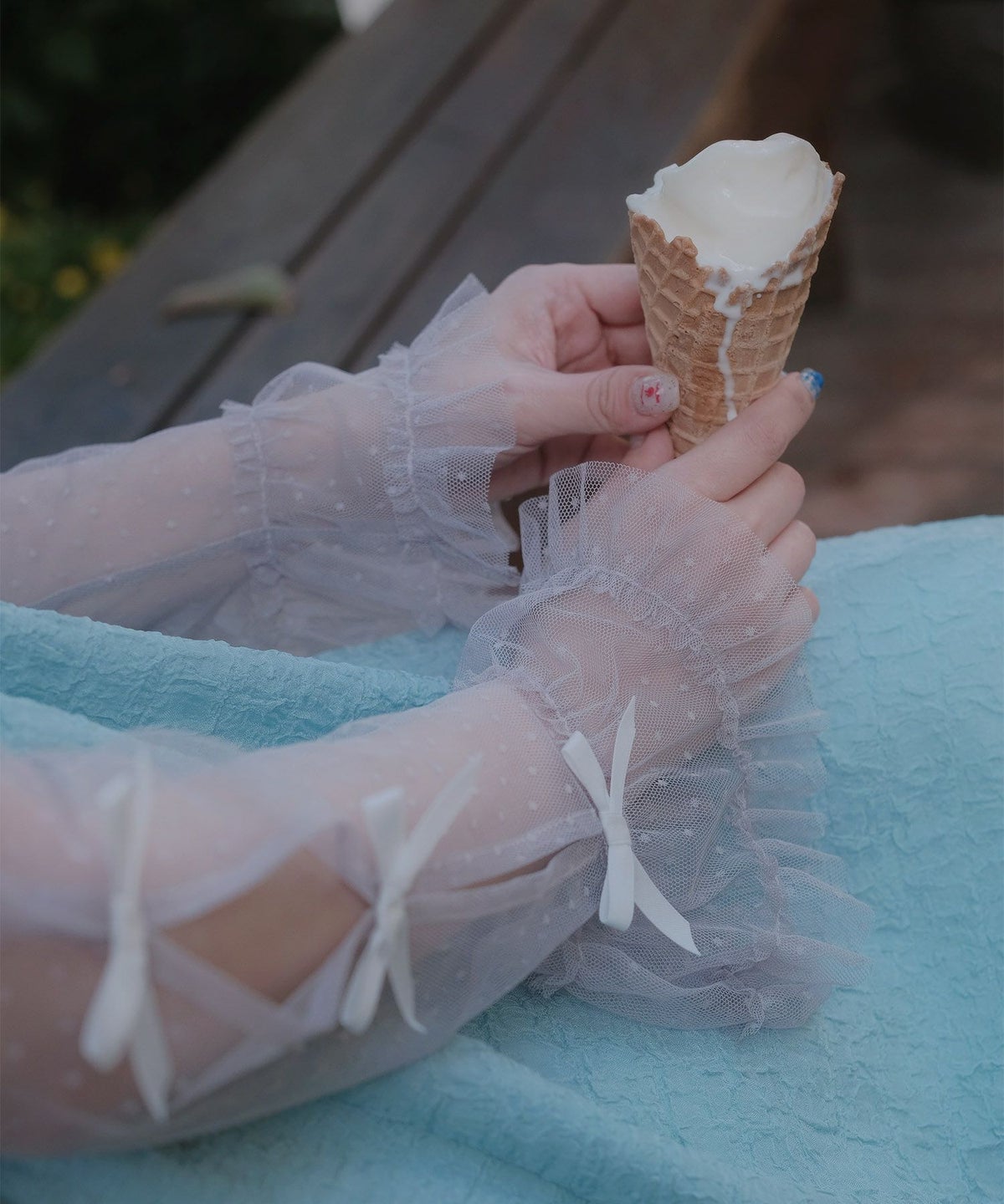 リボン チュール ハイネック 春 夏 アイボリー×ピンク/ネイビー×ネイビー/アイボリーｘグレー/ アイボリーｘアイボリー/グレーｘホワイト/M