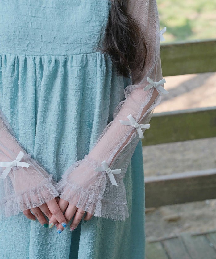 リボン チュール ハイネック 春 夏 アイボリー×ピンク/ネイビー×ネイビー/アイボリーｘグレー/ アイボリーｘアイボリー/グレーｘホワイト/M