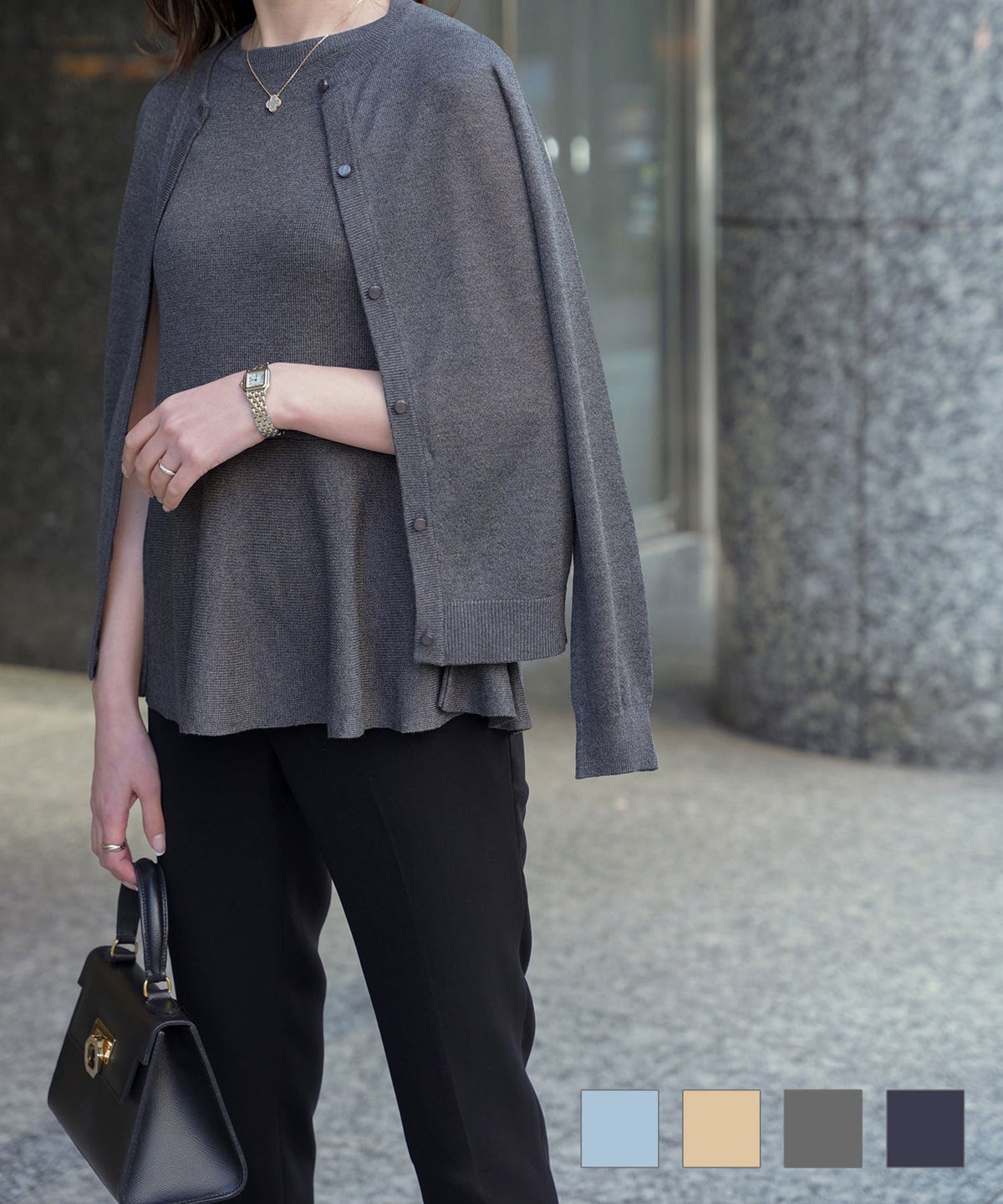 レディース トップス カーディガン サマーニット アンサンブル ペプラム きれいめ 洗える サックス ベージュ グレー ネイビー M ペプラムニット アンサンブル HUIT