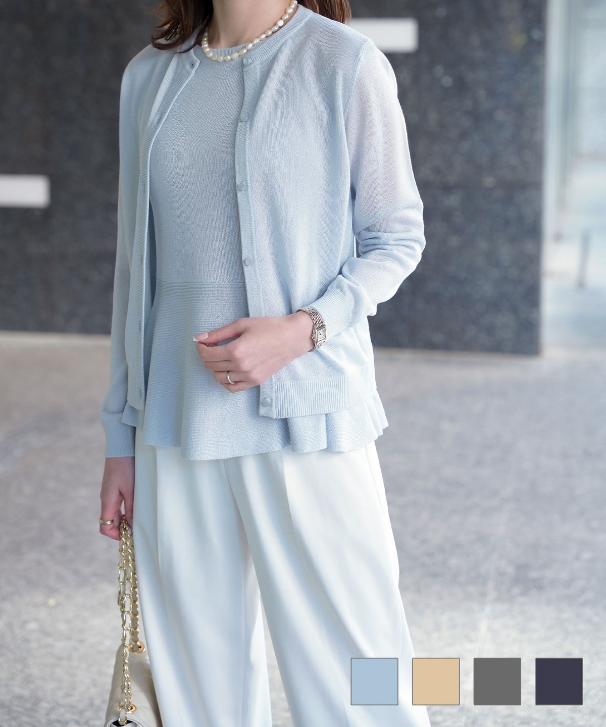 レディース トップス カーディガン サマーニット アンサンブル ペプラム きれいめ 洗える サックス ベージュ グレー ネイビー M ペプラムニット アンサンブル HUIT