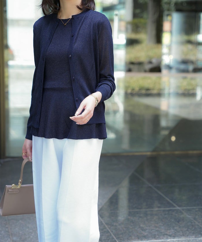 レディース トップス カーディガン サマーニット アンサンブル ペプラム きれいめ 洗える サックス/ベージュ/グレー/ネイビー M