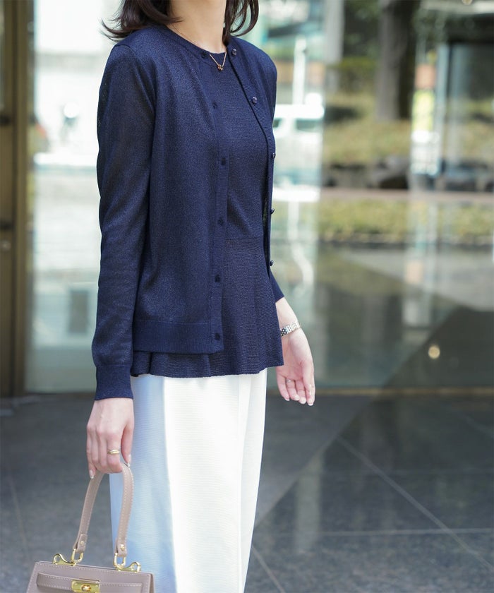 レディース トップス カーディガン サマーニット アンサンブル ペプラム きれいめ 洗える サックス/ベージュ/グレー/ネイビー M