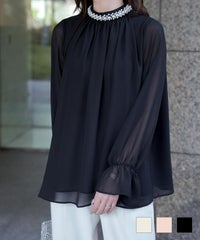 レディース ブラウス パール ビジュー 洗える きれいめ アイボリー ピンクベージュ ブラック キャンディースリーブ パールネック キャンディスリーブ ブラウス HUIT