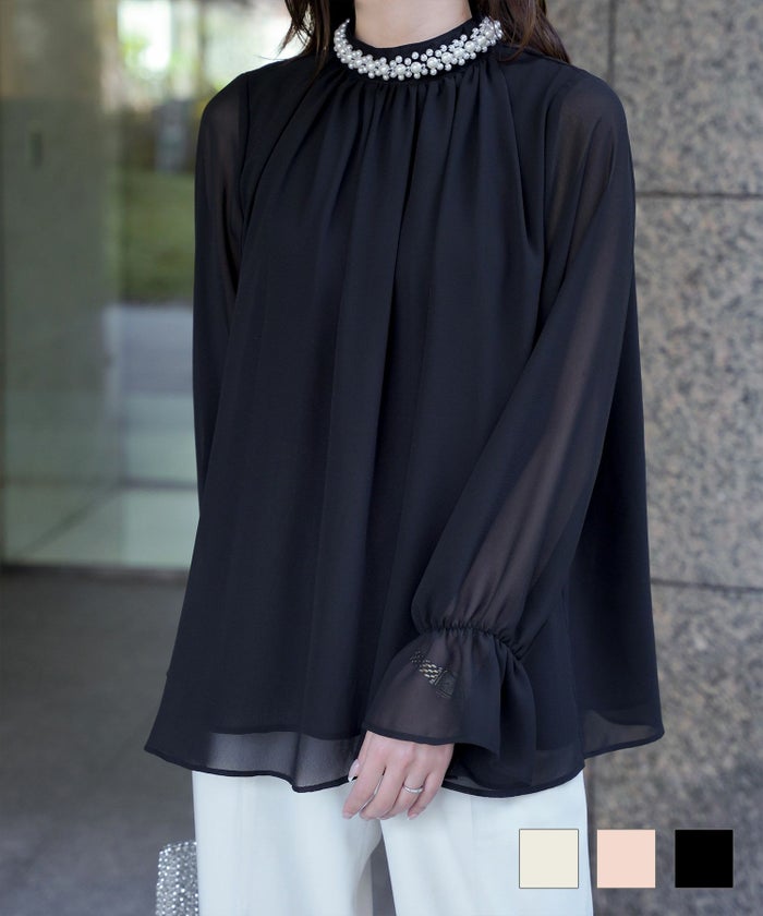 レディース ブラウス パール ビジュー 洗える きれいめ アイボリー ピンクベージュ ブラック キャンディースリーブ パールネック キャンディスリーブ ブラウス HUIT