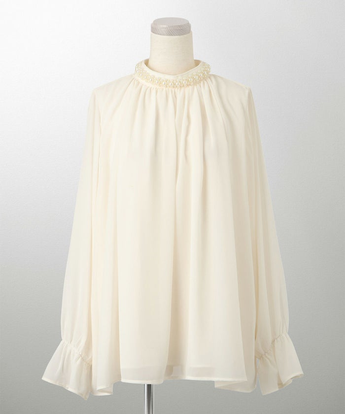 レディース ブラウス パール ビジュー 洗える きれいめ アイボリー/ピンクベージュ/ブラック キャンディースリーブ