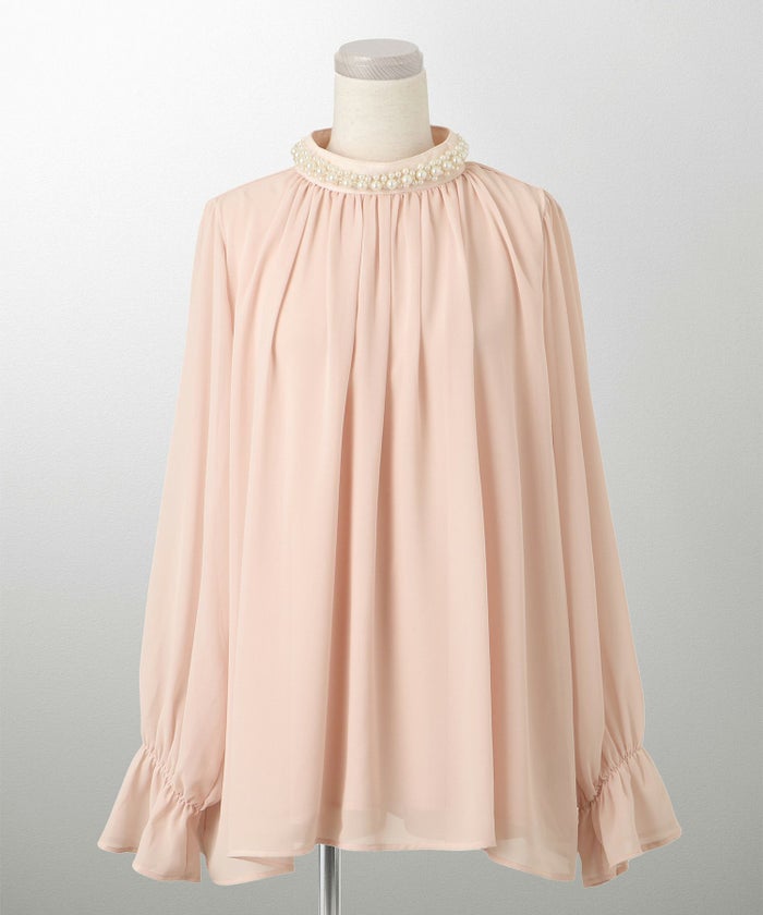 レディース ブラウス パール ビジュー 洗える きれいめ アイボリー/ピンクベージュ/ブラック キャンディースリーブ