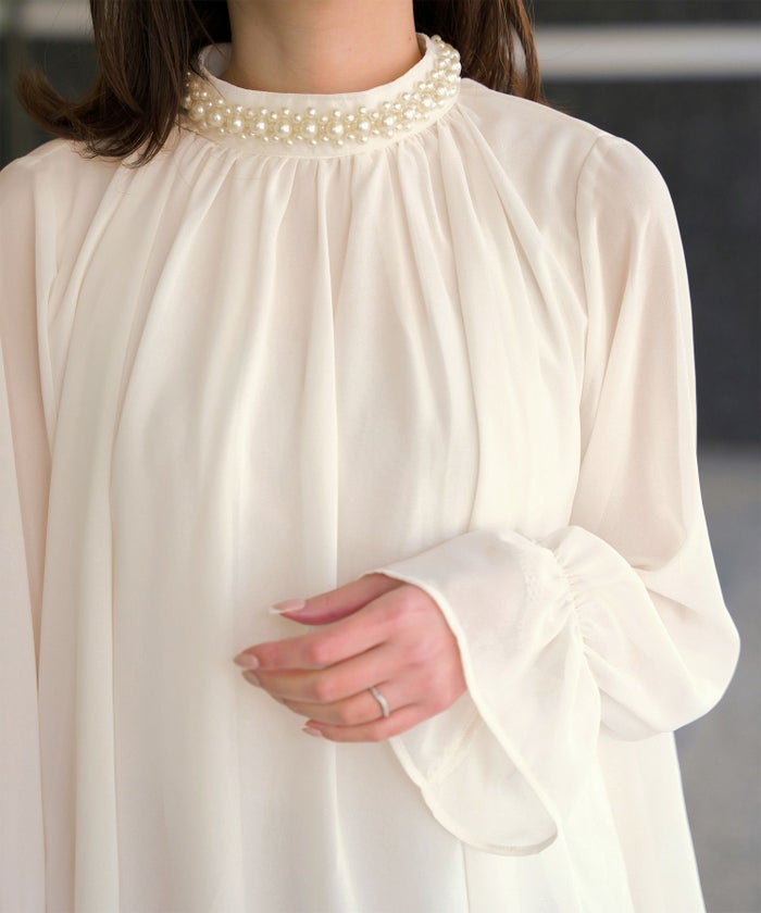 レディース ブラウス パール ビジュー 洗える きれいめ アイボリー/ピンクベージュ/ブラック キャンディースリーブ