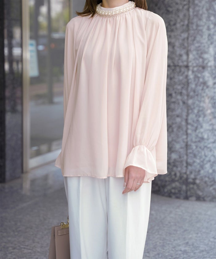 レディース ブラウス パール ビジュー 洗える きれいめ アイボリー/ピンクベージュ/ブラック キャンディースリーブ
