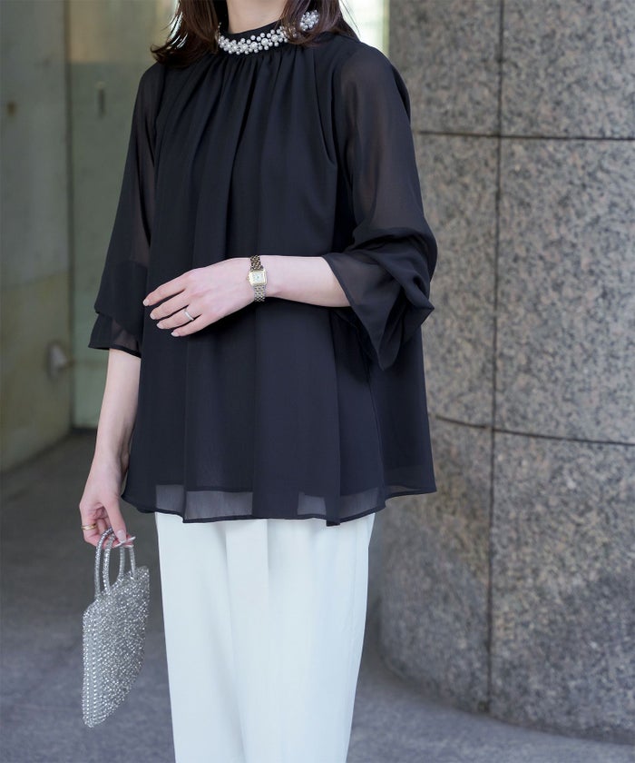 レディース ブラウス パール ビジュー 洗える きれいめ アイボリー/ピンクベージュ/ブラック キャンディースリーブ