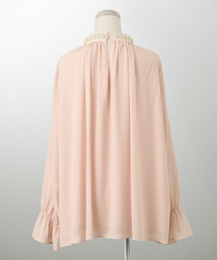 レディース ブラウス パール ビジュー 洗える きれいめ アイボリー/ピンクベージュ/ブラック キャンディースリーブ