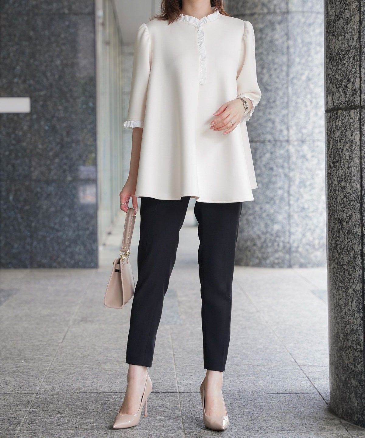 レディース トップス ボンディング フレア きれいめ 洗える アイボリー/ブラック M