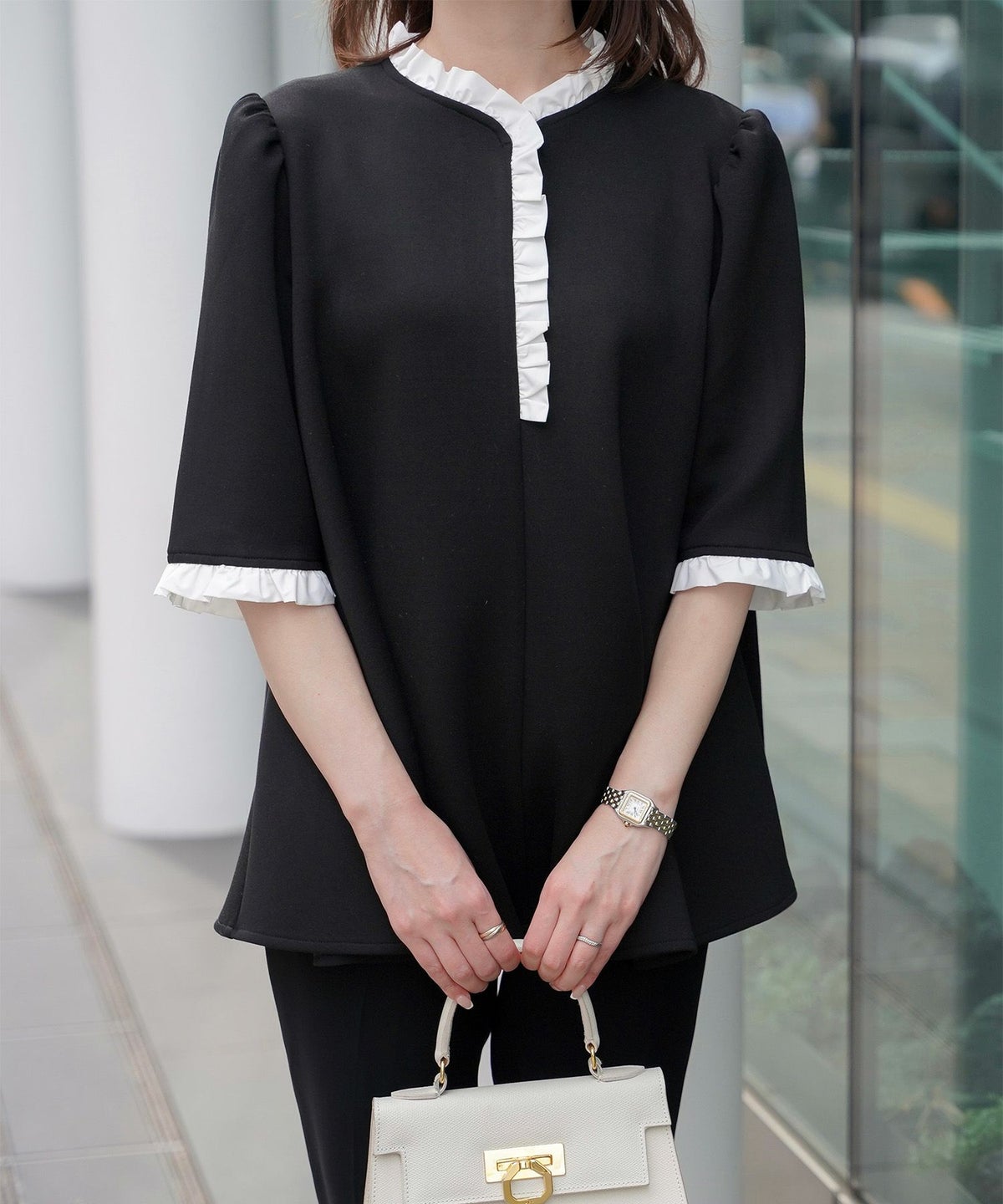 レディース トップス ボンディング フレア きれいめ 洗える アイボリー/ブラック M