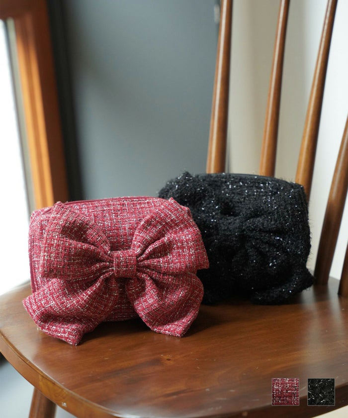 セレクト ポーチ ツイード 可愛い 大人 大きめ レッド ブラック フリー セレクト ツイード リボン メイクポーチ HUIT