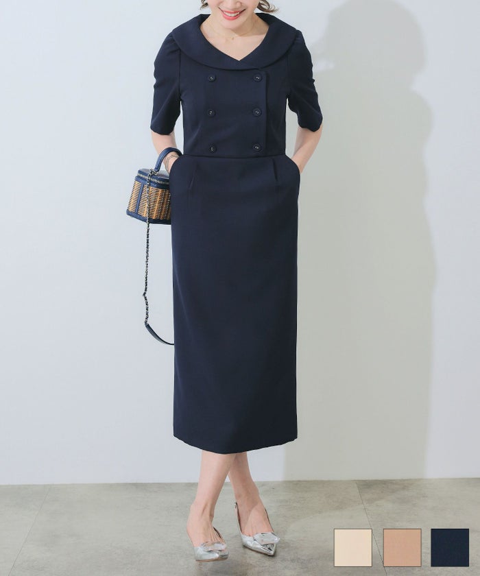 手洗い可 オケージョン 袖山タック エレガント おしゃれ フェミニン タイト 上品 大人可愛い きれいめ 夏 ジョイントスペース へちま襟 ダブル釦 ワンピース Liala×PG